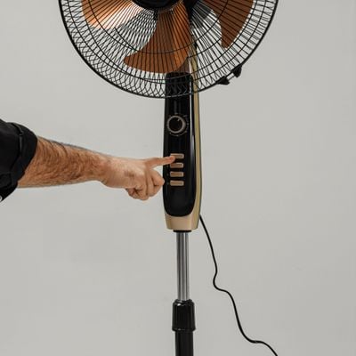 Krypton 16" Stand Fan- KNF6558/ Pedestal Fans with 5 Leaf Metal Blades for Strong Wind and 3-Speed Levels, 60 min Timer, Adjustable Height/ High Performance Motor, Ideal for Home, Office, Garage, Apartment/ 2 Years Warranty, Black and golden 