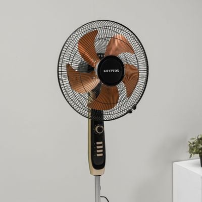 Krypton 16" Stand Fan- KNF6558/ Pedestal Fans with 5 Leaf Metal Blades for Strong Wind and 3-Speed Levels, 60 min Timer, Adjustable Height/ High Performance Motor, Ideal for Home, Office, Garage, Apartment/ 2 Years Warranty, Black and golden 