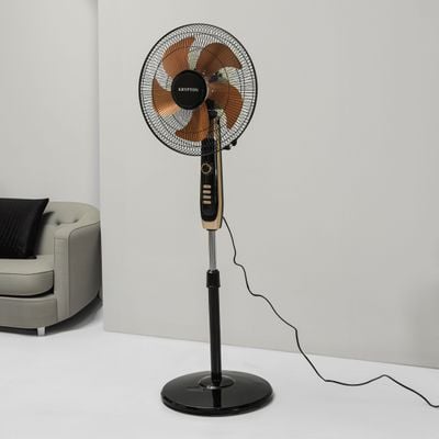 Krypton 16" Stand Fan- KNF6558/ Pedestal Fans with 5 Leaf Metal Blades for Strong Wind and 3-Speed Levels, 60 min Timer, Adjustable Height/ High Performance Motor, Ideal for Home, Office, Garage, Apartment/ 2 Years Warranty, Black and golden 