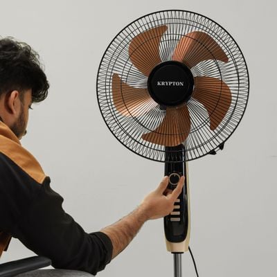 Krypton 16" Stand Fan- KNF6558/ Pedestal Fans with 5 Leaf Metal Blades for Strong Wind and 3-Speed Levels, 60 min Timer, Adjustable Height/ High Performance Motor, Ideal for Home, Office, Garage, Apartment/ 2 Years Warranty, Black and golden 