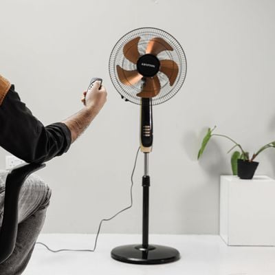 Krypton 16" Stand Fan- KNF6559/ Pedestal Fans with Remote Control, 5 Leaf Metal Blades for Strong Wind and 3-Speed Levels, 7.5 hours Timer, Adjustable Height/ High Performance Motor, Ideal for Home, Office, Garage, Apartment/ 2 Years Warranty, Black and golden 