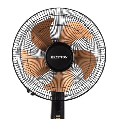 Krypton 16" Stand Fan- KNF6559/ Pedestal Fans with Remote Control, 5 Leaf Metal Blades for Strong Wind and 3-Speed Levels, 7.5 hours Timer, Adjustable Height/ High Performance Motor, Ideal for Home, Office, Garage, Apartment/ 2 Years Warranty, Black and golden 