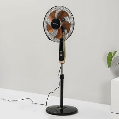 Krypton 16" Stand Fan- KNF6559/ Pedestal Fans with Remote Control, 5 Leaf Metal Blades for Strong Wind and 3-Speed Levels, 7.5 hours Timer, Adjustable Height/ High Performance Motor, Ideal for Home, Office, Garage, Apartment/ 2 Years Warranty, Black and golden 