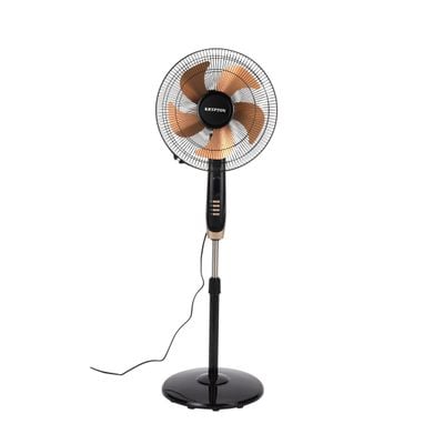 Krypton 16" Stand Fan- KNF6559/ Pedestal Fans with Remote Control, 5 Leaf Metal Blades for Strong Wind and 3-Speed Levels, 7.5 hours Timer, Adjustable Height/ High Performance Motor, Ideal for Home, Office, Garage, Apartment/ 2 Years Warranty, Black and golden 