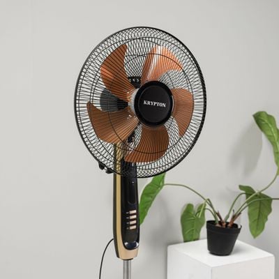 Krypton 16" Stand Fan- KNF6559/ Pedestal Fans with Remote Control, 5 Leaf Metal Blades for Strong Wind and 3-Speed Levels, 7.5 hours Timer, Adjustable Height/ High Performance Motor, Ideal for Home, Office, Garage, Apartment/ 2 Years Warranty, Black and golden 