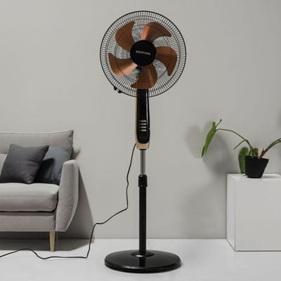 Krypton 16" Stand Fan- KNF6559/ Pedestal Fans with Remote Control, 5 Leaf Metal Blades for Strong Wind and 3-Speed Levels, 7.5 hours Timer, Adjustable Height/ High Performance Motor, Ideal for Home, Office, Garage, Apartment/ 2 Years Warranty, Black and golden 