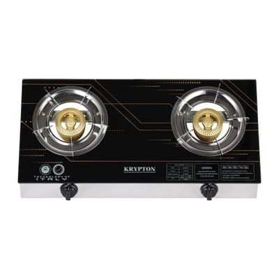 Krypton Gas Cooker- KNGC6571/ Glass Top Panel, Stainless Steel Tray and Frame, Double Brass Burner/ Low Energy Consumption and Efficient/ Automatic Ignition System, LPG Gas Stove/ Black, 2 Years Warranty