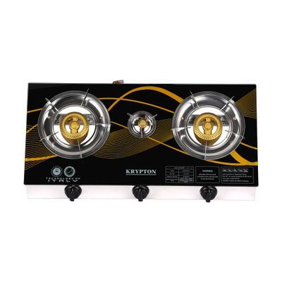 Krypton Gas Cooker- KNGC6572/ Glass Top Panel, Triple Burner 100+40+100 mm, Stainless Steel Frame and Tray/ Low Energy Consumption and Fuel Efficient/ Automatic Ignition System, LPG Gas Stove/ Black, 2 Years Warranty