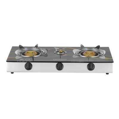 Krypton Gas Cooker- KNGC6572/ Glass Top Panel, Triple Burner 100+40+100 mm, Stainless Steel Frame and Tray/ Low Energy Consumption and Fuel Efficient/ Automatic Ignition System, LPG Gas Stove/ Black, 2 Years Warranty