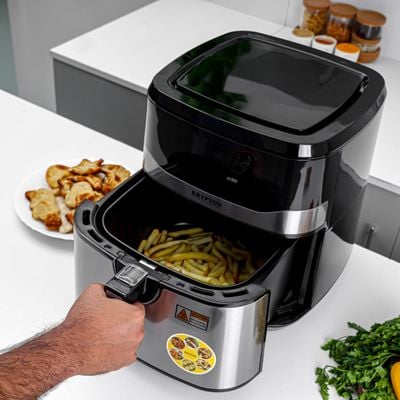 Krypton Digital Air Fryer- KNAF6585/ 9.5 l Capacity with 7.0 L Detachable Inner Basket, Oil Free Cooking/ LED Display with Touch Screen, 10 Preset Cook Modes, 1-60 minutes Timer/ for Making Fries, Steak, Chicken, Meat, Bread/ 2 Years Warranty, Black and Silver