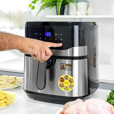 Krypton Digital Air Fryer- KNAF6585/ 9.5 l Capacity with 7.0 L Detachable Inner Basket, Oil Free Cooking/ LED Display with Touch Screen, 10 Preset Cook Modes, 1-60 minutes Timer/ for Making Fries, Steak, Chicken, Meat, Bread/ 2 Years Warranty, Black and Silver