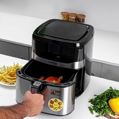 Krypton Digital Air Fryer- KNAF6585/ 9.5 l Capacity with 7.0 L Detachable Inner Basket, Oil Free Cooking/ LED Display with Touch Screen, 10 Preset Cook Modes, 1-60 minutes Timer/ for Making Fries, Steak, Chicken, Meat, Bread/ 2 Years Warranty, Black and Silver