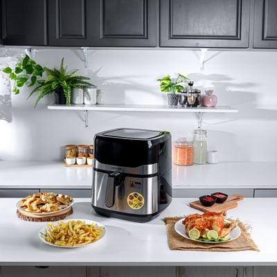 Krypton Digital Air Fryer- KNAF6585/ 9.5 l Capacity with 7.0 L Detachable Inner Basket, Oil Free Cooking/ LED Display with Touch Screen, 10 Preset Cook Modes, 1-60 minutes Timer/ for Making Fries, Steak, Chicken, Meat, Bread/ 2 Years Warranty, Black and Silver