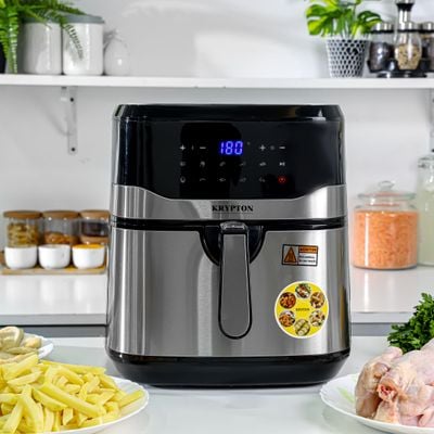 Krypton Digital Air Fryer- KNAF6585/ 9.5 l Capacity with 7.0 L Detachable Inner Basket, Oil Free Cooking/ LED Display with Touch Screen, 10 Preset Cook Modes, 1-60 minutes Timer/ for Making Fries, Steak, Chicken, Meat, Bread/ 2 Years Warranty, Black and Silver