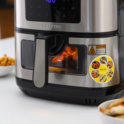 Krypton Double Heating Digital Air Fryer- KNAF6590/ 7.5 L Pot with Rack, with Vortex Frying Technology/ LED Display, 1-60 Min Timer, Temperature 50-200 Degree Celsius/ 9 Preset Programs, Window, Interior Lamp/ for Fries, Steak, Chicken, Cake, Meat, Bread, etc./ 2 Years Warranty, Black and Silver