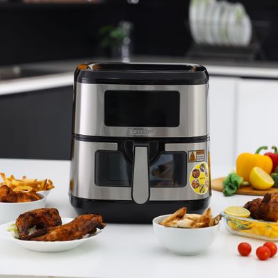 Krypton Double Heating Digital Air Fryer- KNAF6590/ 7.5 L Pot with Rack, with Vortex Frying Technology/ LED Display, 1-60 Min Timer, Temperature 50-200 Degree Celsius/ 9 Preset Programs, Window, Interior Lamp/ for Fries, Steak, Chicken, Cake, Meat, Bread, etc./ 2 Years Warranty, Black and Silver Krypton Double Heating Digital Air Fryer- KNAF6590/ 7.5 L Pot with Rack, with Vortex Frying Technology/ LED Display, 1-60 Min Timer, Temperature 50-200 Degree Celsius/ 9 Preset Programs, Window, Interior Lamp/ for Fries, Steak, Chicken, Cake, Meat, Bread, etc./ 2 Years Warranty, Black and Silver