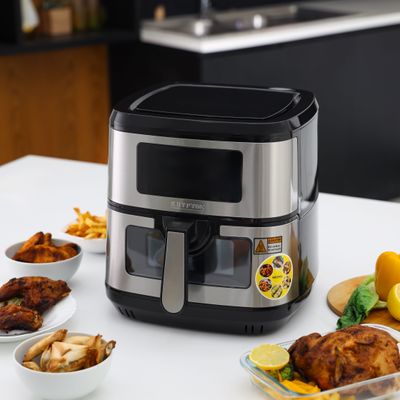 Krypton Double Heating Digital Air Fryer- KNAF6591/ 9.5 L Pot with Rack, with Vortex Frying Technology/ LED Display, 1-60 Min Timer, Temperature 50-200 Degree Celsius/ 9 Preset Programs, Window, Interior Lamp/ for Fries, Steak, Chicken, Cake, Meat, Bread, etc./ 2 Years Warranty, Black and Silver