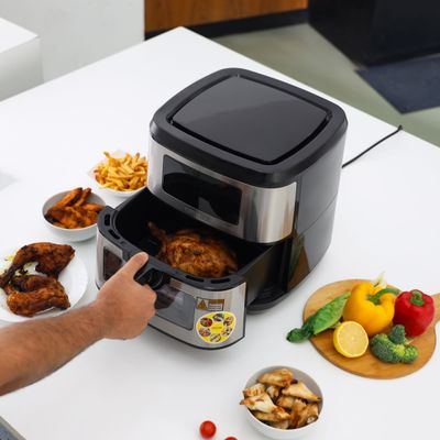 Krypton Double Heating Digital Air Fryer- KNAF6591/ 9.5 L Pot with Rack, with Vortex Frying Technology/ LED Display, 1-60 Min Timer, Temperature 50-200 Degree Celsius/ 9 Preset Programs, Window, Interior Lamp/ for Fries, Steak, Chicken, Cake, Meat, Bread, etc./ 2 Years Warranty, Black and Silver