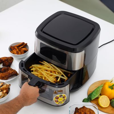 Krypton Double Heating Digital Air Fryer- KNAF6591/ 9.5 L Pot with Rack, with Vortex Frying Technology/ LED Display, 1-60 Min Timer, Temperature 50-200 Degree Celsius/ 9 Preset Programs, Window, Interior Lamp/ for Fries, Steak, Chicken, Cake, Meat, Bread, etc./ 2 Years Warranty, Black and Silver