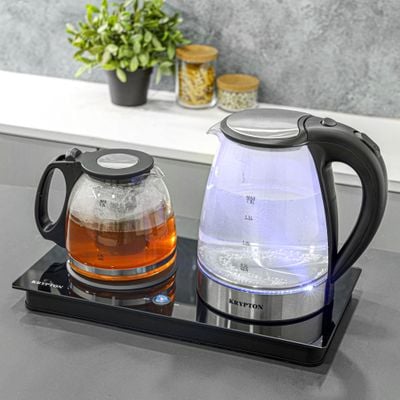 Krypton Borosilicate Glass Tea Maker- KNTM6445/ 1.8 L and 1.2 L, Touch Screen Control, Fast Boiling, 2200 W/ Perfect for making Coffee, Water, Milk, Various Types of Tea/ 2 Years Warranty, Silver and Black