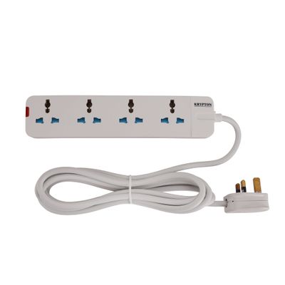 Krypton 4-Way Universal Type Extension Socket - KNES5078/ 3 Meter Cord Length and 750 Fire Proof Temperature/ 2 Years Warranty, White Color