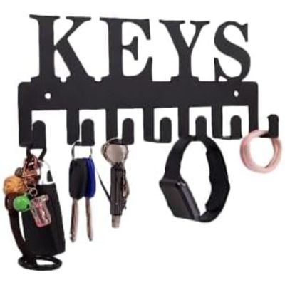 Wall Mounted Key Holder with 7 Hooks in Black Metal