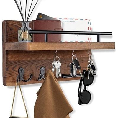 Wall Mounted Key Holder With 2 Hooks, A Hanger Bar And A Mail Rack On Natural Wood Board