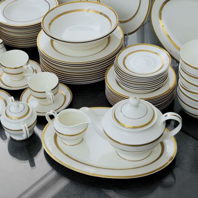 Royalford 83 Piece Premium Bone China Dinner Set- RF11047 | Includes Oval Plates, Dinner Plates, Soup Plates, Flat Plates, Salad Bowls, Bowls, Cups and Saucers, Salt and Pepper Pots, Creamer, Sugar Pot, and Teapot| Dishwasher-Safe and Freezer-Friendly| Eco-Friendly and Food-Grade| White and Golden 