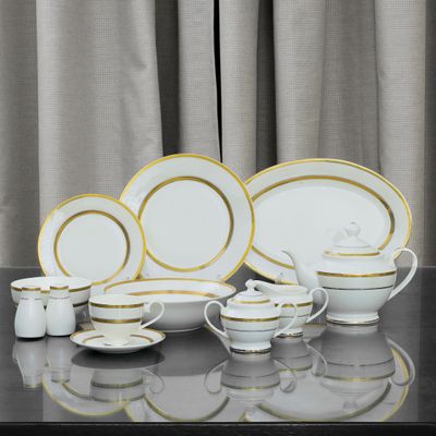 Royalford 83 Piece Premium Bone China Dinner Set- RF11047 | Includes Oval Plates, Dinner Plates, Soup Plates, Flat Plates, Salad Bowls, Bowls, Cups and Saucers, Salt and Pepper Pots, Creamer, Sugar Pot, and Teapot| Dishwasher-Safe and Freezer-Friendly| Eco-Friendly and Food-Grade| White and Golden 