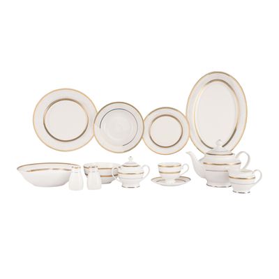 Royalford 83 Piece Premium Bone China Dinner Set- RF11047 | Includes Oval Plates, Dinner Plates, Soup Plates, Flat Plates, Salad Bowls, Bowls, Cups and Saucers, Salt and Pepper Pots, Creamer, Sugar Pot, and Teapot| Dishwasher-Safe and Freezer-Friendly| Eco-Friendly and Food-Grade| White and Golden 