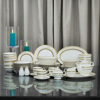 Royalford 83 Piece Premium Bone China Dinner Set- RF11047 | Includes Oval Plates, Dinner Plates, Soup Plates, Flat Plates, Salad Bowls, Bowls, Cups and Saucers, Salt and Pepper Pots, Creamer, Sugar Pot, and Teapot| Dishwasher-Safe and Freezer-Friendly| Eco-Friendly and Food-Grade| White and Golden 