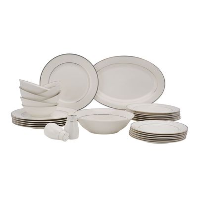 Royalford 28 Piece Premium Bone China Dinner Set- RF11048 | Includes Oval Plate, Dinner Plates, Soup Plates, Flat Plates, Salad Bowls, Bowls, and Salt and Pepper Pots| Dishwasher-Safe and Freezer-Friendly| Eco-Friendly and Food-Grade| White and Silver 