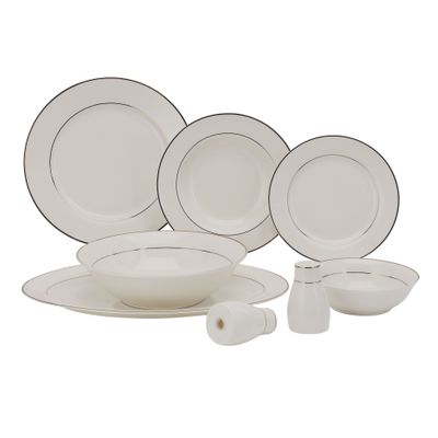 Royalford 28 Piece Premium Bone China Dinner Set- RF11048 | Includes Oval Plate, Dinner Plates, Soup Plates, Flat Plates, Salad Bowls, Bowls, and Salt and Pepper Pots| Dishwasher-Safe and Freezer-Friendly| Eco-Friendly and Food-Grade| White and Silver 