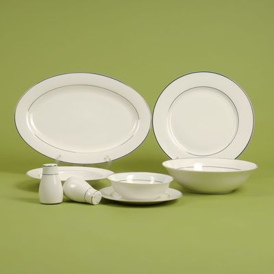 Royalford 28 Piece Premium Bone China Dinner Set- RF11048 | Includes Oval Plate, Dinner Plates, Soup Plates, Flat Plates, Salad Bowls, Bowls, and Salt and Pepper Pots| Dishwasher-Safe and Freezer-Friendly| Eco-Friendly and Food-Grade| White and Silver 