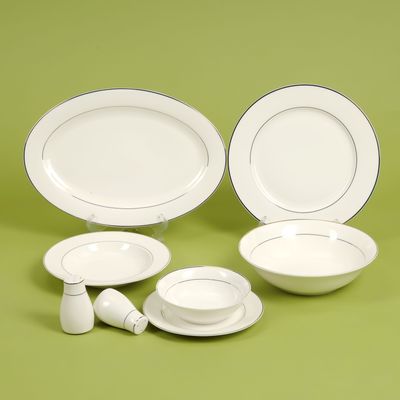 Royalford 28 Piece Premium Bone China Dinner Set- RF11048 | Includes Oval Plate, Dinner Plates, Soup Plates, Flat Plates, Salad Bowls, Bowls, and Salt and Pepper Pots| Dishwasher-Safe and Freezer-Friendly| Eco-Friendly and Food-Grade| White and Silver 