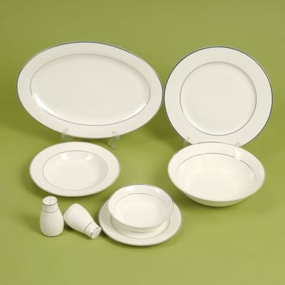 Royalford 28 Piece Premium Bone China Dinner Set- RF11048 | Includes Oval Plate, Dinner Plates, Soup Plates, Flat Plates, Salad Bowls, Bowls, and Salt and Pepper Pots| Dishwasher-Safe and Freezer-Friendly| Eco-Friendly and Food-Grade| White and Silver 