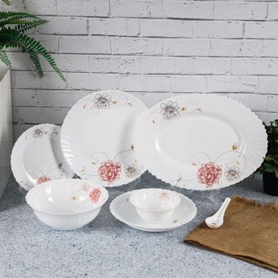 Royalford 36 Piece Opalware Dinner Set- RF11995| Includes Oval Plate, Soup Plates, Dinner Plates, Flat Plates, Salad Bowls, Small Bowls and Soup Spoons| Dishwasher-Safe and Microwave Safe| Chip-Resistant and Food-Grade| White and Floral