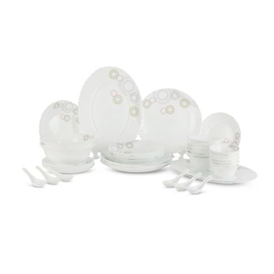 Royalford 42 Piece Opalware Dinner Set- RF11997| Includes Oval Plate, Soup Plates, Dinner Plates, Flat Plates, Salad Bowls, Small Bowls and Soup Spoons| Dishwasher-Safe and Microwave Safe| Chip-Resistant and Food-Grade| White