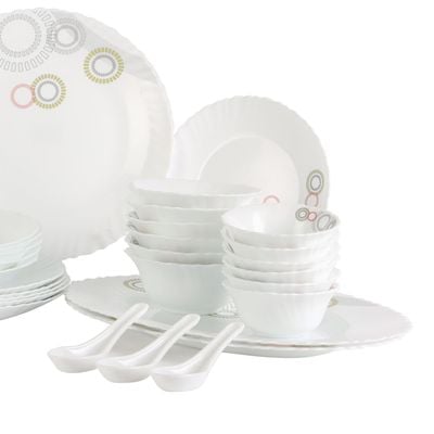 Royalford 42 Piece Opalware Dinner Set- RF11997| Includes Oval Plate, Soup Plates, Dinner Plates, Flat Plates, Salad Bowls, Small Bowls and Soup Spoons| Dishwasher-Safe and Microwave Safe| Chip-Resistant and Food-Grade| White