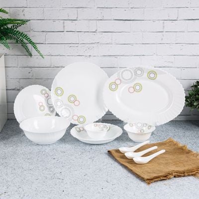 Royalford 42 Piece Opalware Dinner Set- RF11997| Includes Oval Plate, Soup Plates, Dinner Plates, Flat Plates, Salad Bowls, Small Bowls and Soup Spoons| Dishwasher-Safe and Microwave Safe| Chip-Resistant and Food-Grade| White