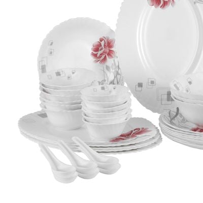 Royalford 42 Piece Opalware Dinner Set- RF11998| Includes Oval Plate, Soup Plates, Dinner Plates, Flat Plates, Salad Bowls, Small Bowls and Soup Spoons| Dishwasher-Safe and Microwave Safe| Chip-Resistant and Food-Grade| White