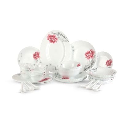 Royalford 42 Piece Opalware Dinner Set- RF11998| Includes Oval Plate, Soup Plates, Dinner Plates, Flat Plates, Salad Bowls, Small Bowls and Soup Spoons| Dishwasher-Safe and Microwave Safe| Chip-Resistant and Food-Grade| White