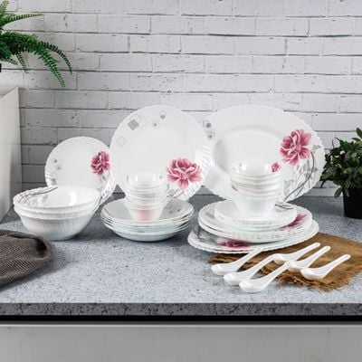 Royalford 42 Piece Opalware Dinner Set- RF11998| Includes Oval Plate, Soup Plates, Dinner Plates, Flat Plates, Salad Bowls, Small Bowls and Soup Spoons| Dishwasher-Safe and Microwave Safe| Chip-Resistant and Food-Grade| White