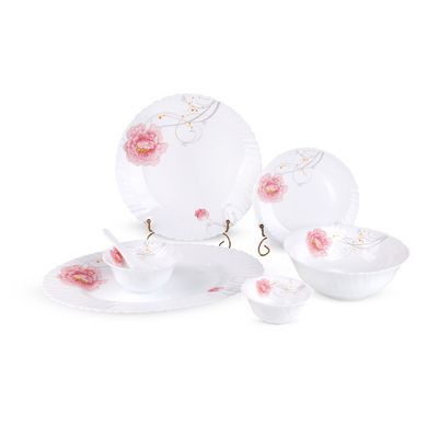 Royalford 33 Piece Classic Opalware Dinner Set- RF12469/ Includes Oval Plate, Dinner and Dessert Plates, Serving, Salad Bowls and Soup Spoons/ Dishwasher-Safe and Microwave Safe/ Chip-Resistant and Food-Grade/ White and Pink