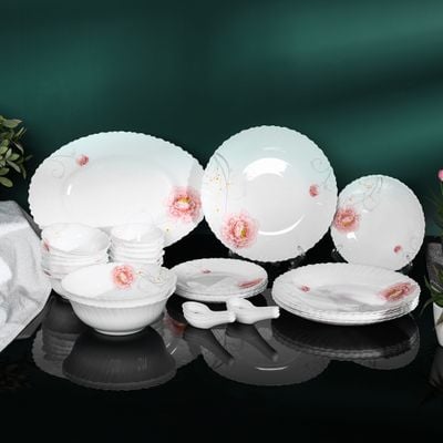 Royalford 33 Piece Classic Opalware Dinner Set- RF12469/ Includes Oval Plate, Dinner and Dessert Plates, Serving, Salad Bowls and Soup Spoons/ Dishwasher-Safe and Microwave Safe/ Chip-Resistant and Food-Grade/ White and Pink