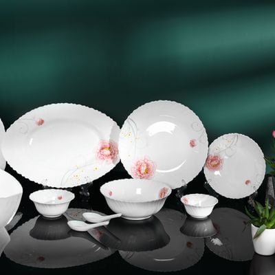 Royalford 33 Piece Classic Opalware Dinner Set- RF12469/ Includes Oval Plate, Dinner and Dessert Plates, Serving, Salad Bowls and Soup Spoons/ Dishwasher-Safe and Microwave Safe/ Chip-Resistant and Food-Grade/ White and Pink