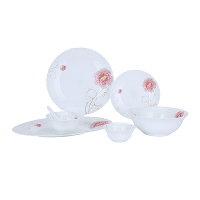 Royalford 33 Piece Classic Opalware Dinner Set- RF12469/ Includes Oval Plate, Dinner and Dessert Plates, Serving, Salad Bowls and Soup Spoons/ Dishwasher-Safe and Microwave Safe/ Chip-Resistant and Food-Grade/ White and Pink