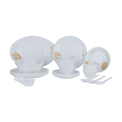 Royalford 33 Piece Classic Opalware Dinner Set- RF12470/ Includes Oval Plate, Dinner and Dessert Plates, Serving, Salad Bowls and Soup Spoons/ Dishwasher-Safe and Microwave Safe/ Chip-Resistant and Food-Grade/ White and Orange