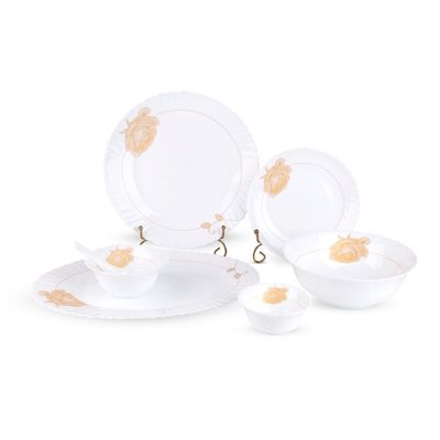 Royalford 33 Piece Classic Opalware Dinner Set- RF12470/ Includes Oval Plate, Dinner and Dessert Plates, Serving, Salad Bowls and Soup Spoons/ Dishwasher-Safe and Microwave Safe/ Chip-Resistant and Food-Grade/ White and Orange