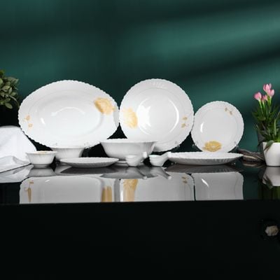 Royalford 33 Piece Classic Opalware Dinner Set- RF12470/ Includes Oval Plate, Dinner and Dessert Plates, Serving, Salad Bowls and Soup Spoons/ Dishwasher-Safe and Microwave Safe/ Chip-Resistant and Food-Grade/ White and Orange